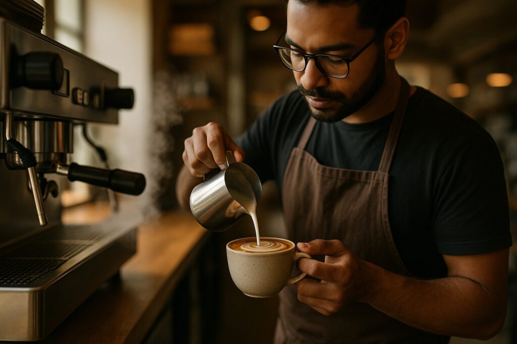 barista pouring milk into coffee cup langleys cafe | GPS: 49.181269, -122.469627