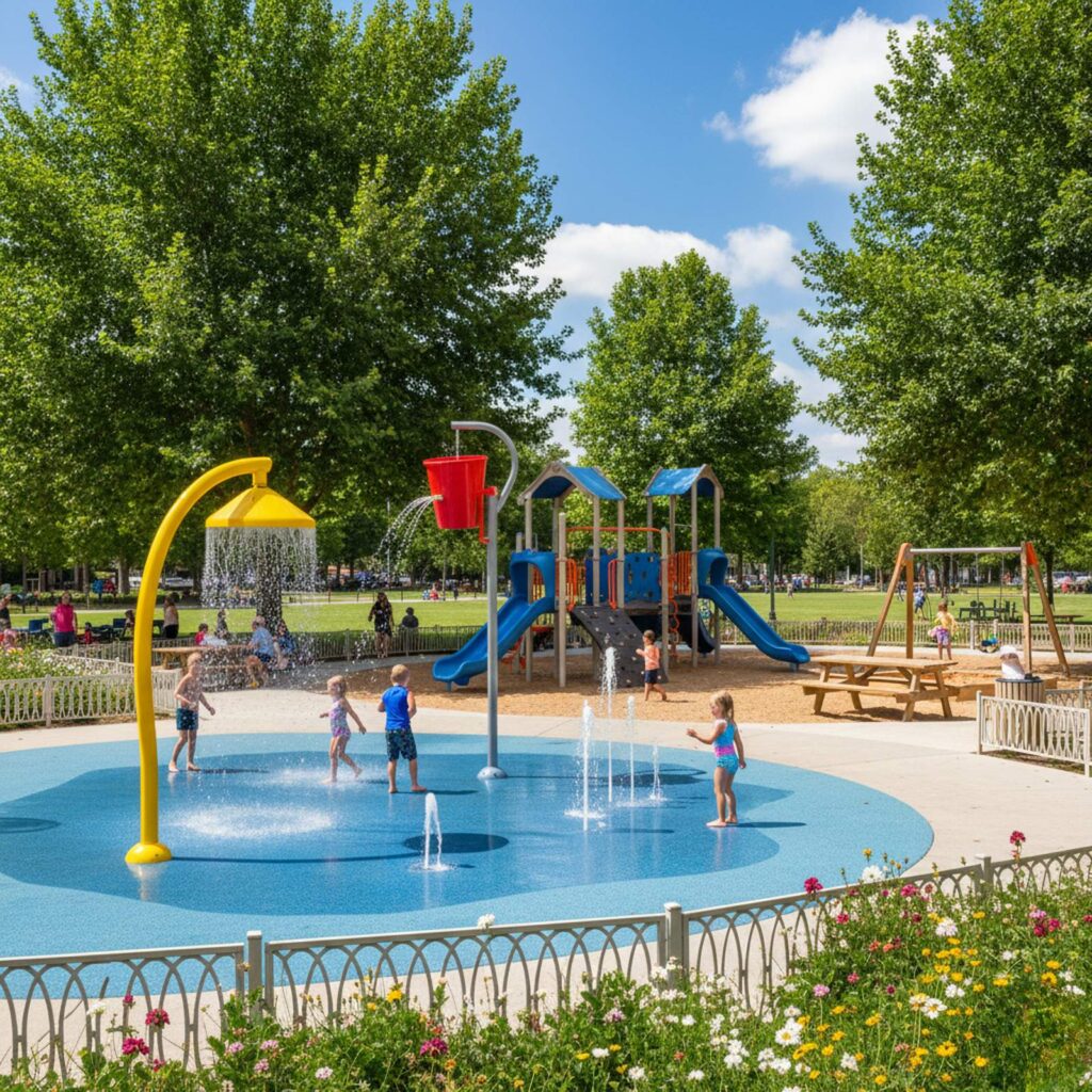 children playing in water fountain langley park | GPS: 49.146801, -122.522263