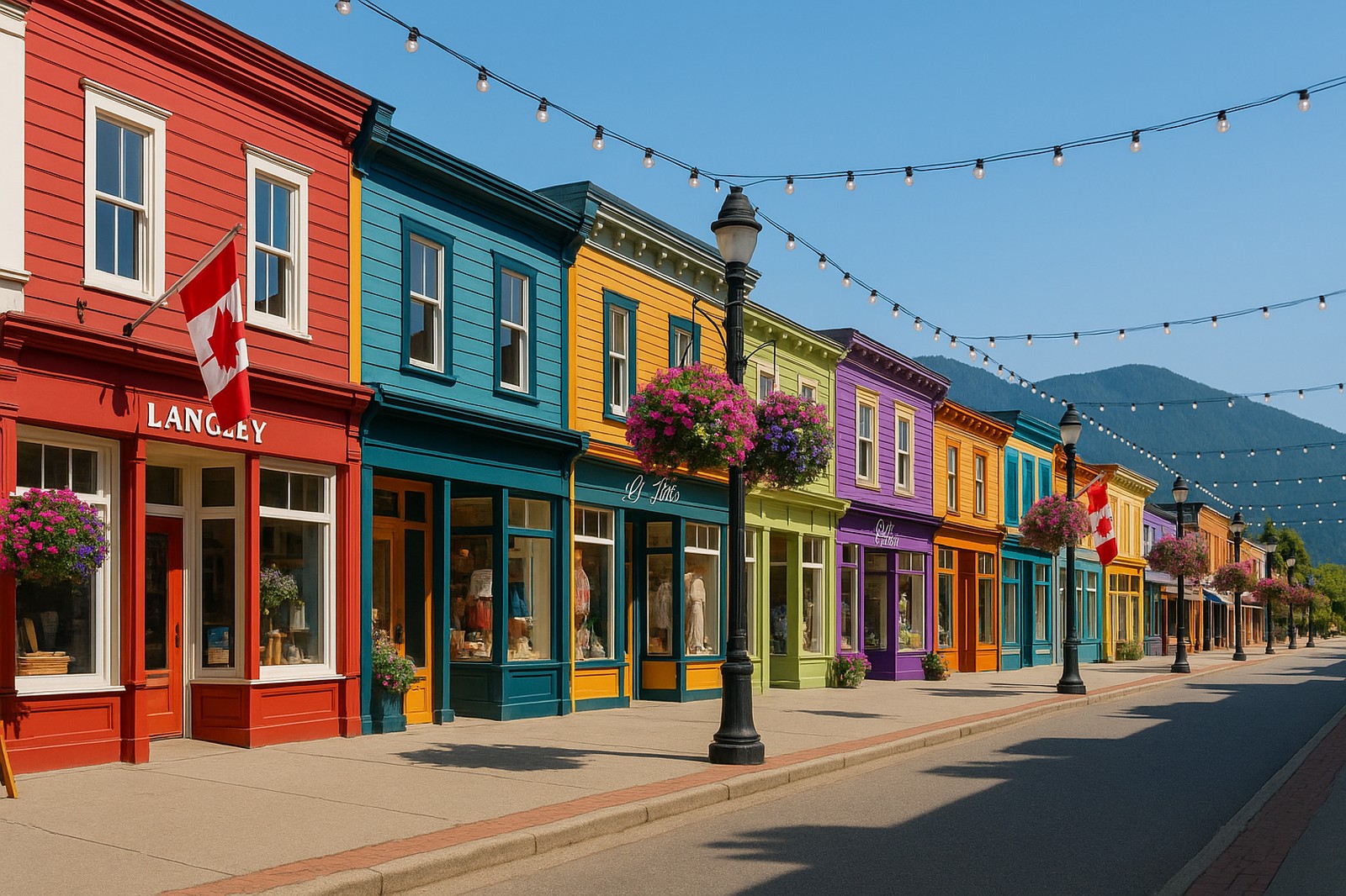 A street view showcases colorful storefronts in Maple Ridge BC under a sunny sky, adorned with string lights.