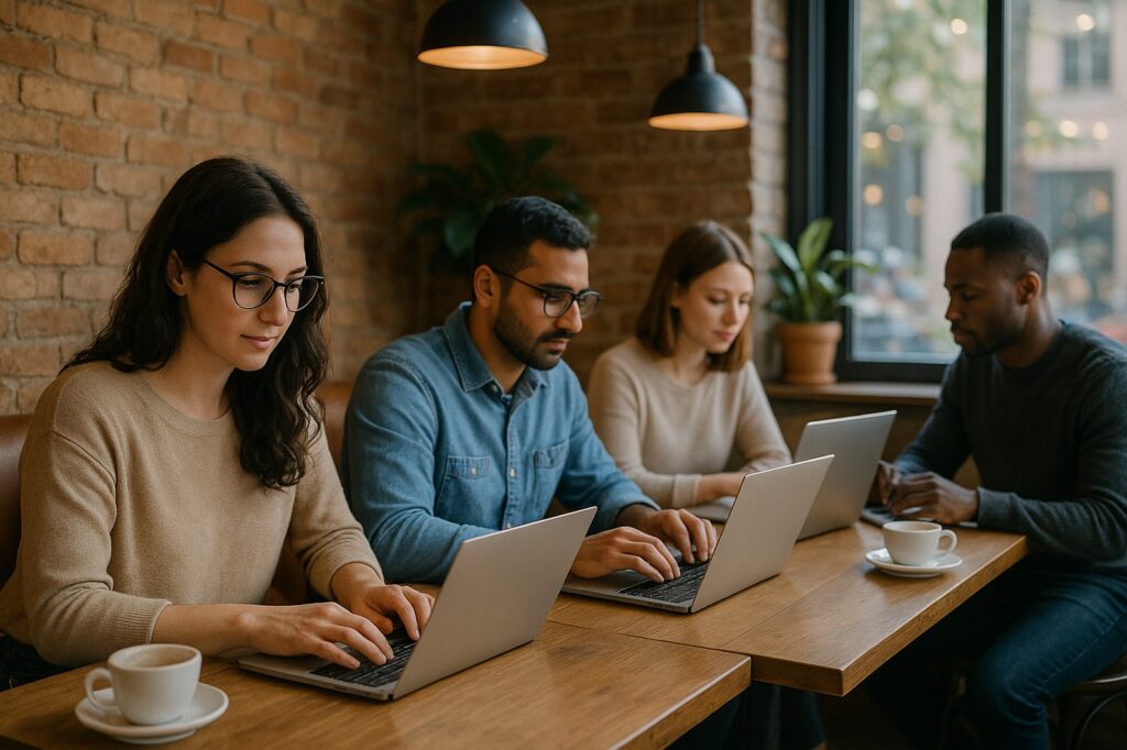 cozy local cafe study session with laptops and coffee | GPS: 49.113798, -122.572662