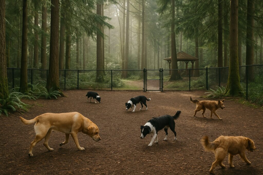 dogs playing in foggy forest directory | GPS: 49.122959, -122.558672