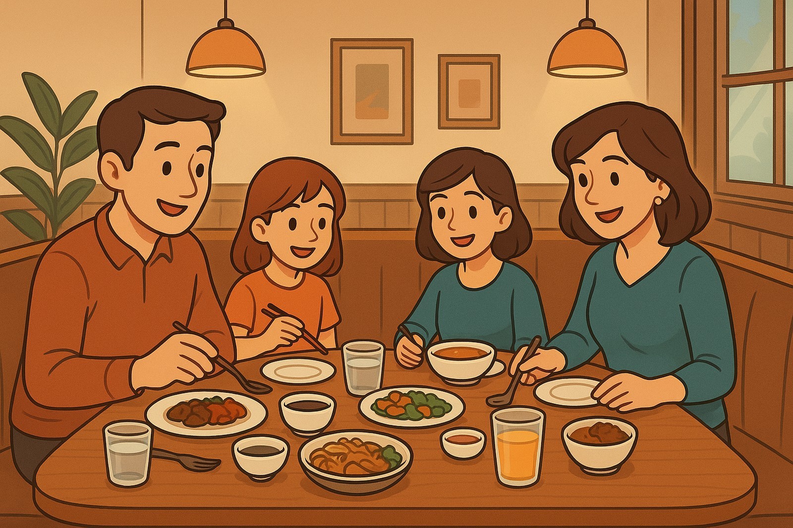 A happy cartoon family is enjoying a meal together at a restaurant, maybe in Maple Ridge BC, with various dishes spread across the table.