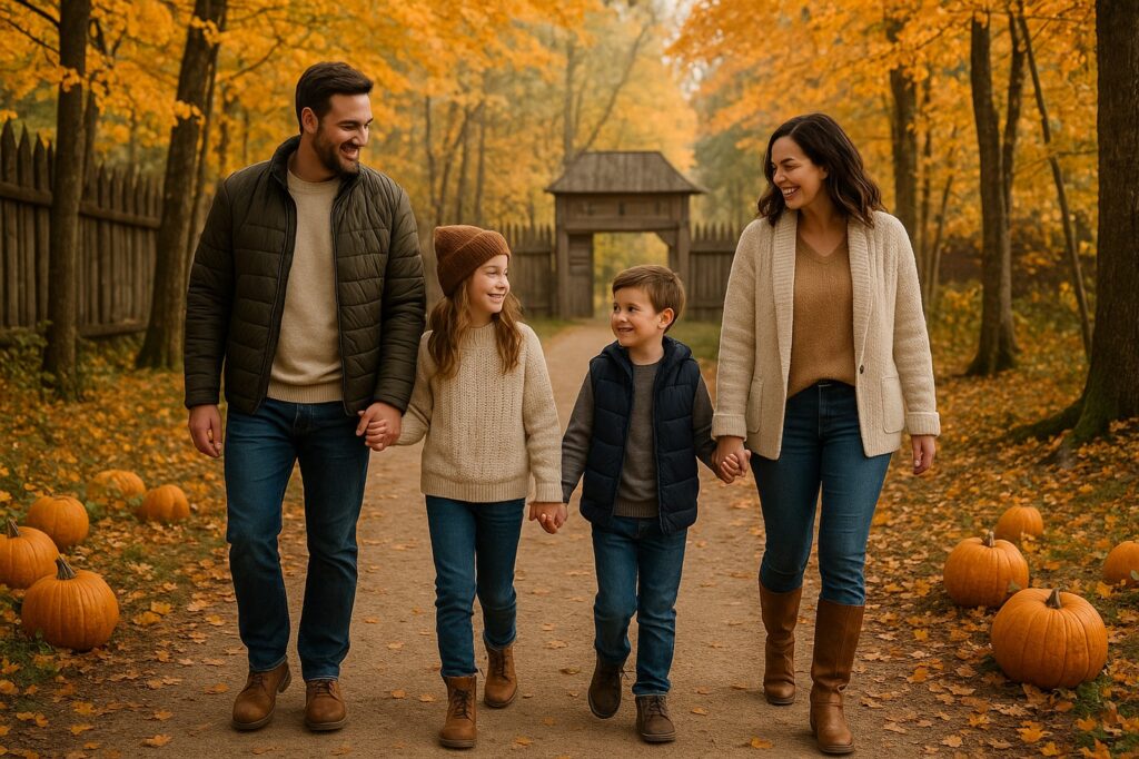 family walking in autumn leaves with pumpkins langleys | GPS: 49.129131, -122.549246