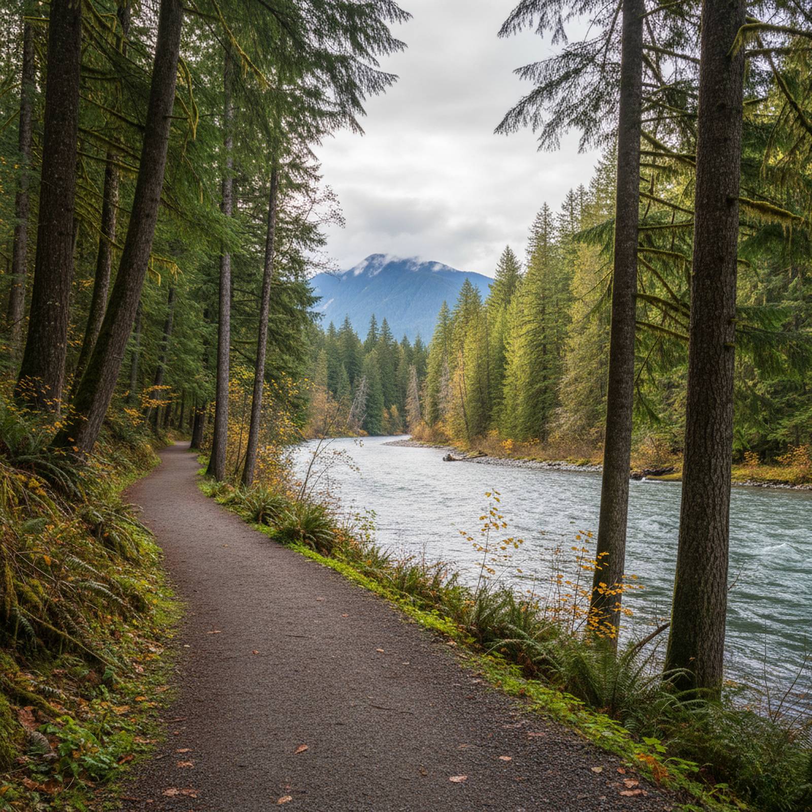 A walking trail beside a flowing river surrounded by tall trees near Maple Ridge, BC, with a distant mountain visible.