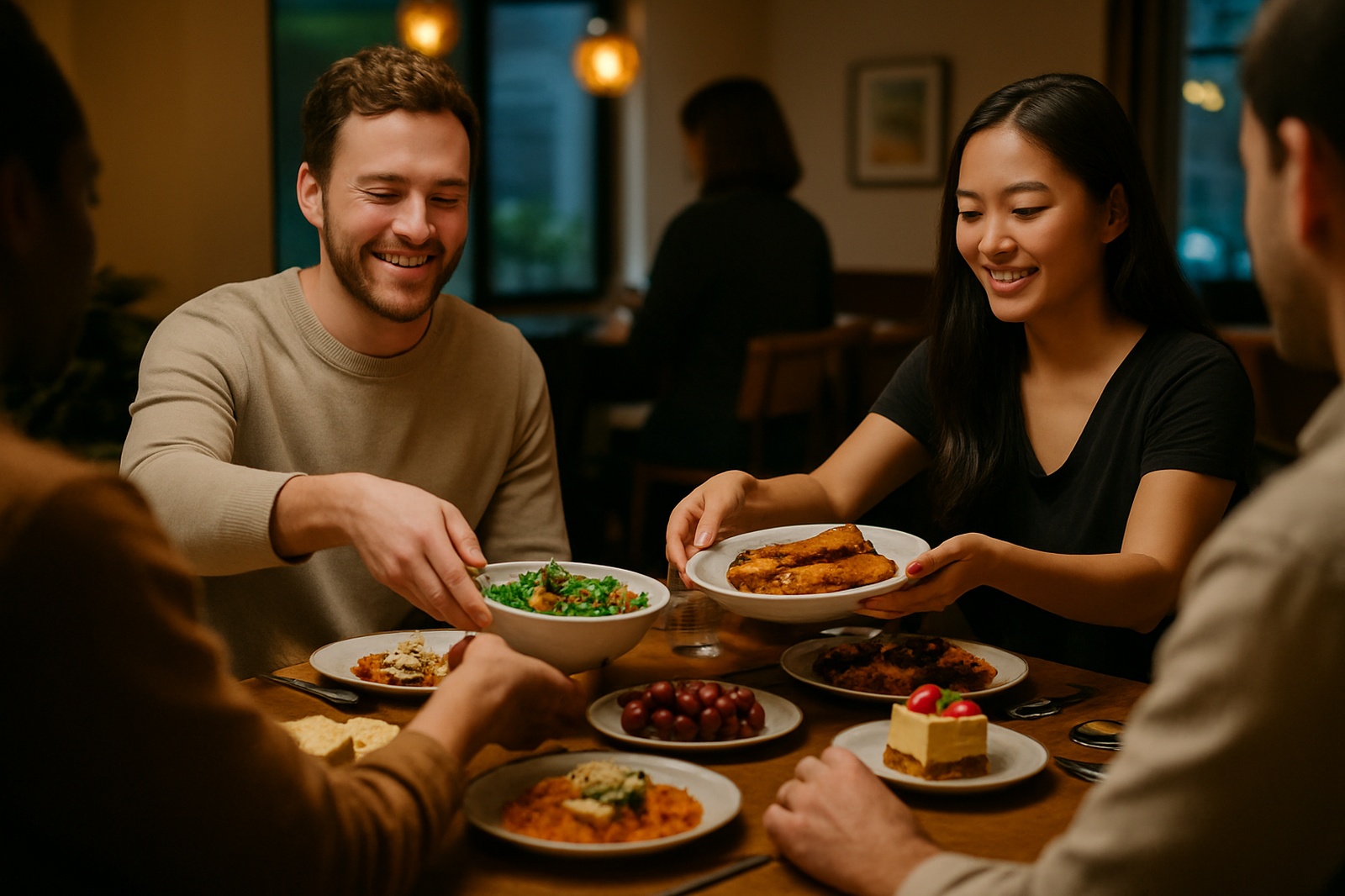 Around a wooden table, a smiling group shares dishes of food in a warm setting, perhaps in Maple Ridge BC.