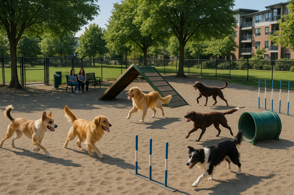 happy dogs playing at local dog park in sunny day | GPS: 49.189169, -122.457564