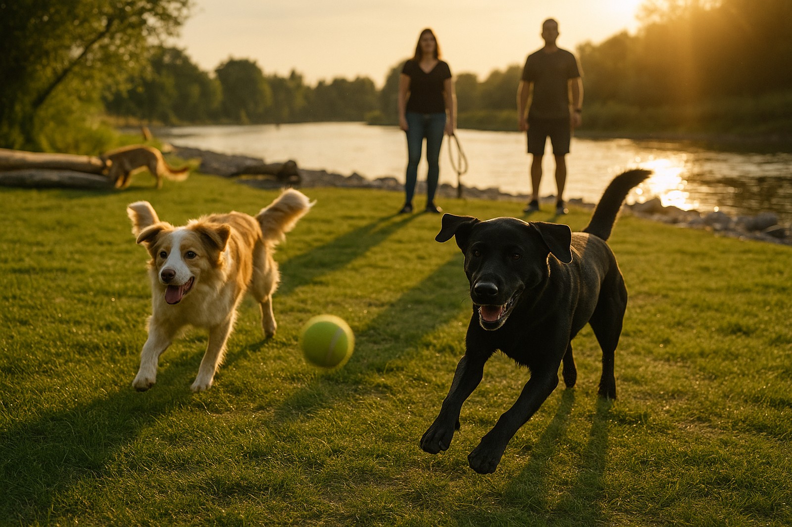 happy dogs playing fetch near river langleys sunset | GPS: 49.148009, -122.520419