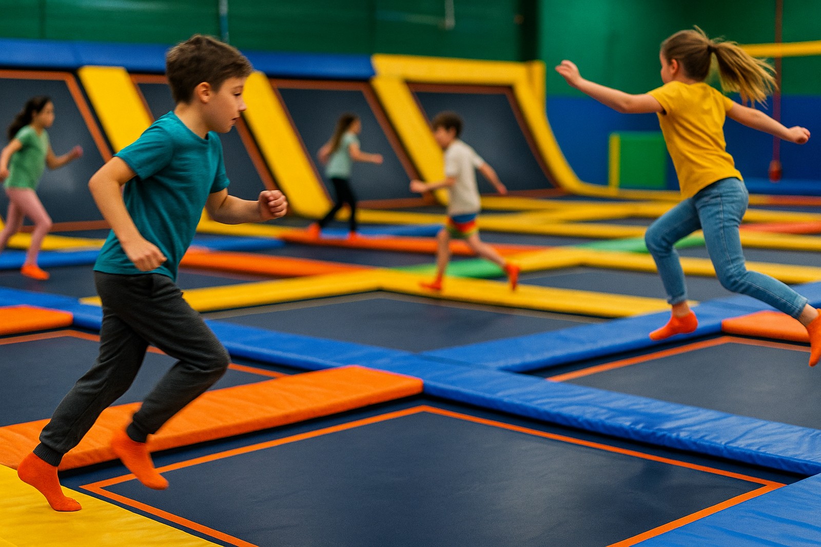Kids in orange socks are running and jumping on colorful trampolines at an indoor park, possibly in Maple Ridge BC.