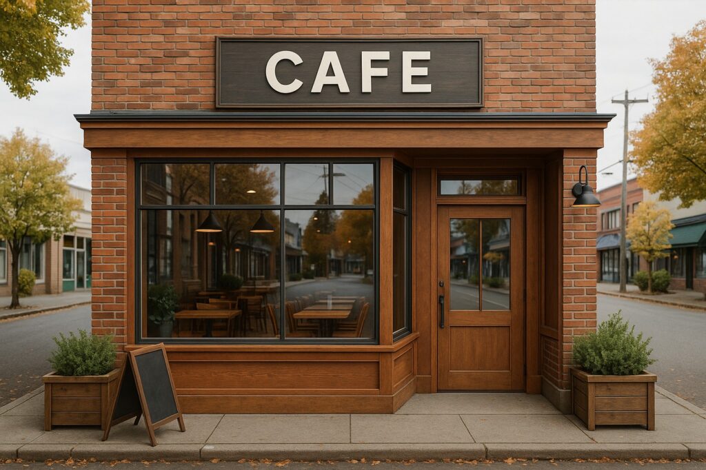 local cozy cafe with window seating and trees | GPS: 49.103732, -122.588033