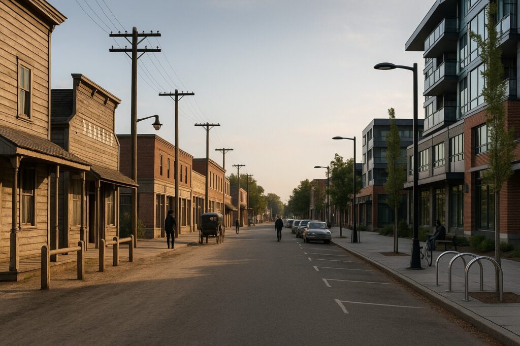 local historical street view with modern buildings | GPS: 49.174991, -122.479214