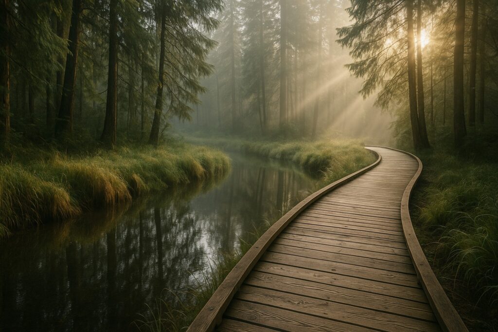 misty forest path langley sunlight reflection water Maple Ridge BC Photo Spots: Beautiful Views misty forest path langley sunlight reflection water | GPS: 49.127287, -122.552063