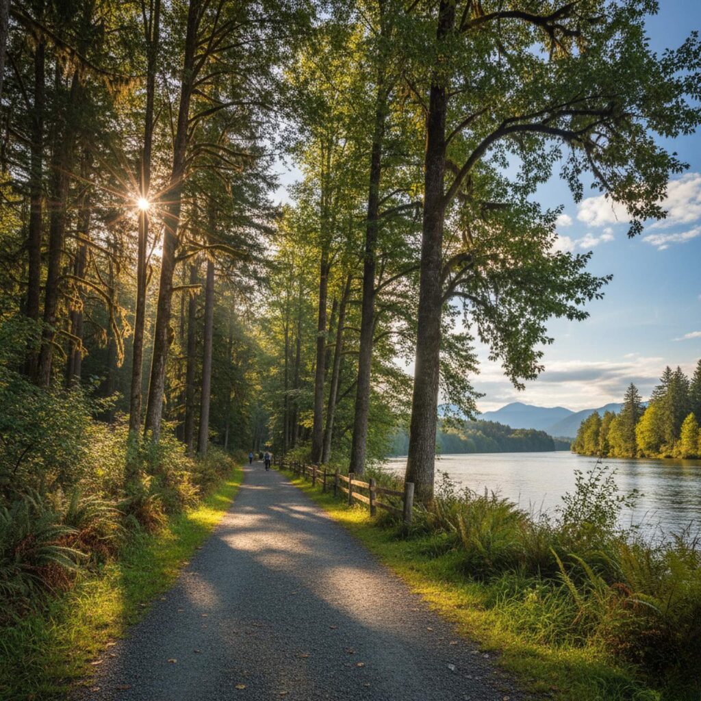 peaceful local river path through tall trees and sunlight | GPS: 49.192142, -122.453024