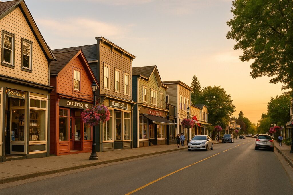 picturesque main street in langlely with boutiques and trees | GPS: 49.116401, -122.568686