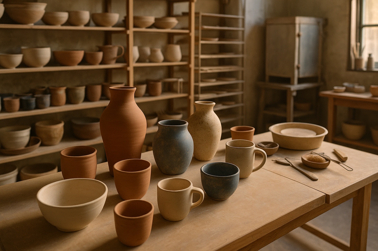 A Maple Ridge BC pottery studio scene displays a wooden table filled with various clay pots, mugs, bowls, and tools, with shelves stocked with more pottery in the background.