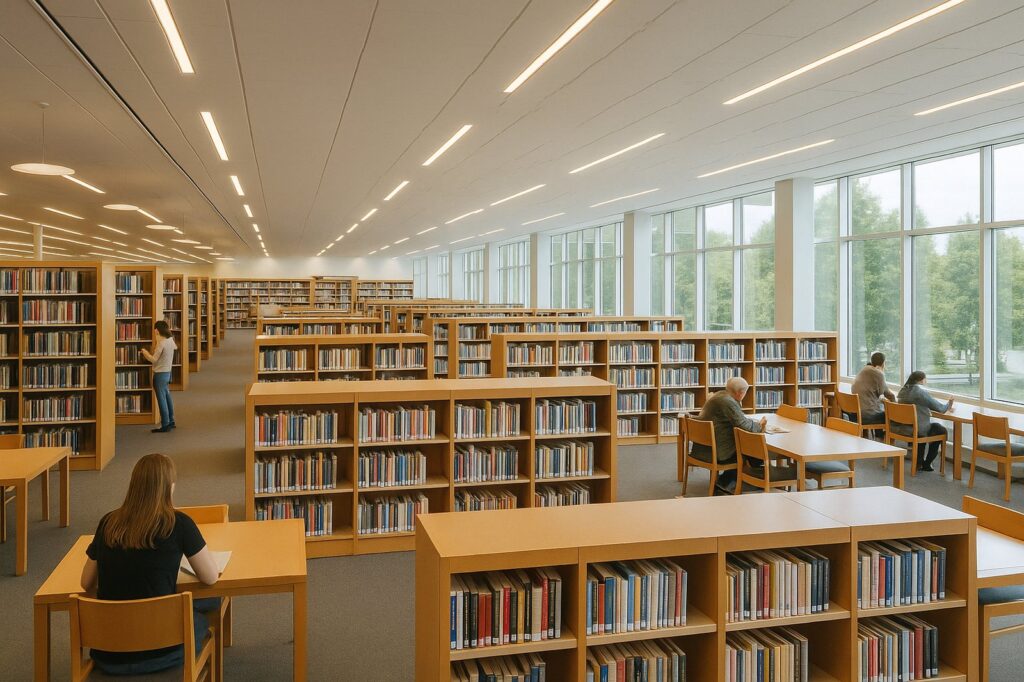 spacious local library reading area with bookshelves | GPS: 49.190734, -122.455174