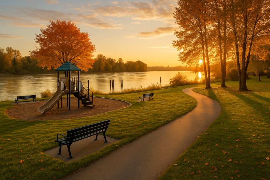 sunset playground by river local autumn scenery Maple Ridge BC Photo Spots: Beautiful Views sunset playground by river local autumn scenery | GPS: 49.141646, -122.530135