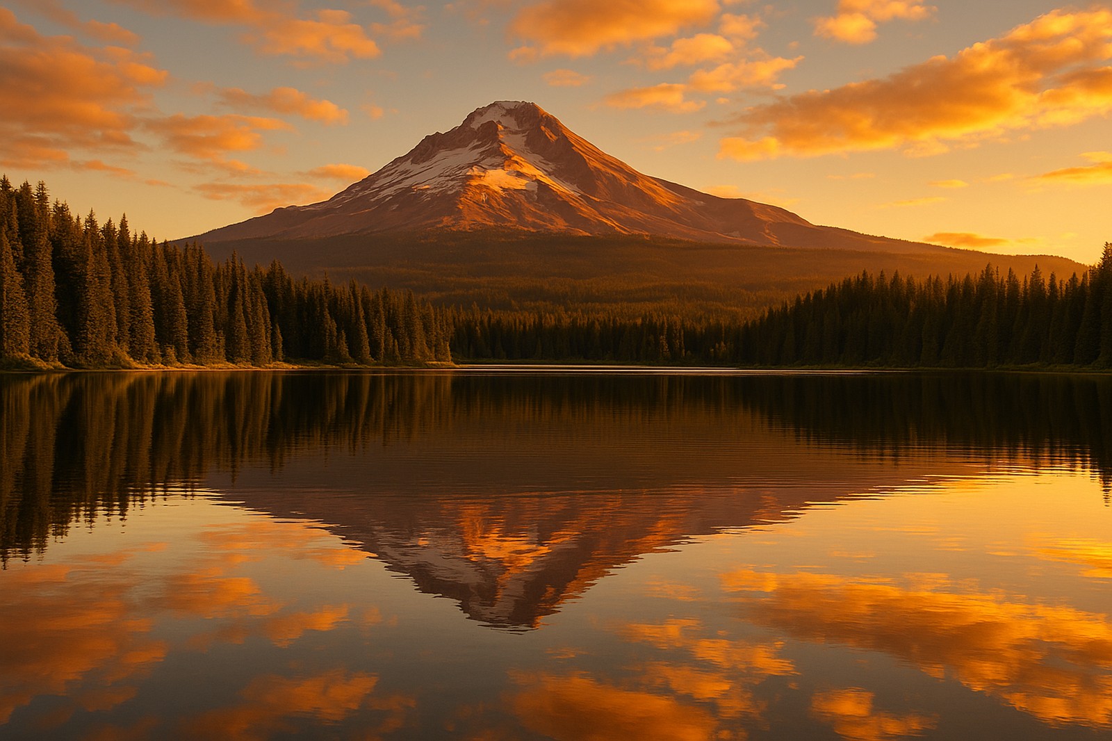 Golden light illuminates a snow-capped mountain and its reflection on a lake, framed by evergreen trees, reminiscent of landscapes outside Maple Ridge BC.