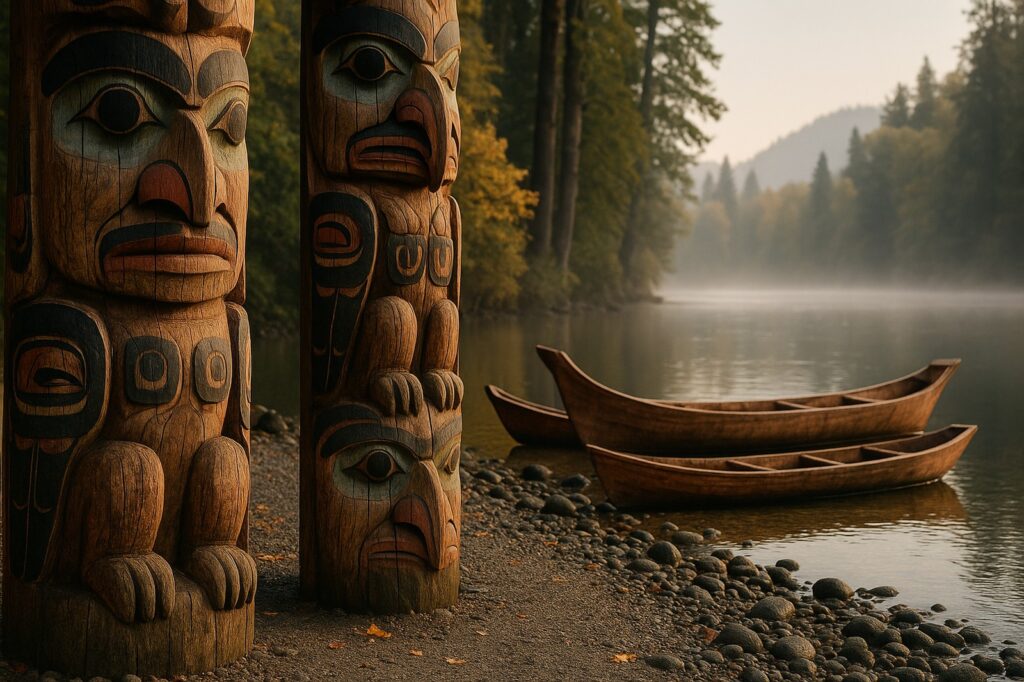 totem poles and wooden boats along river directory | GPS: 49.203042, -122.436378