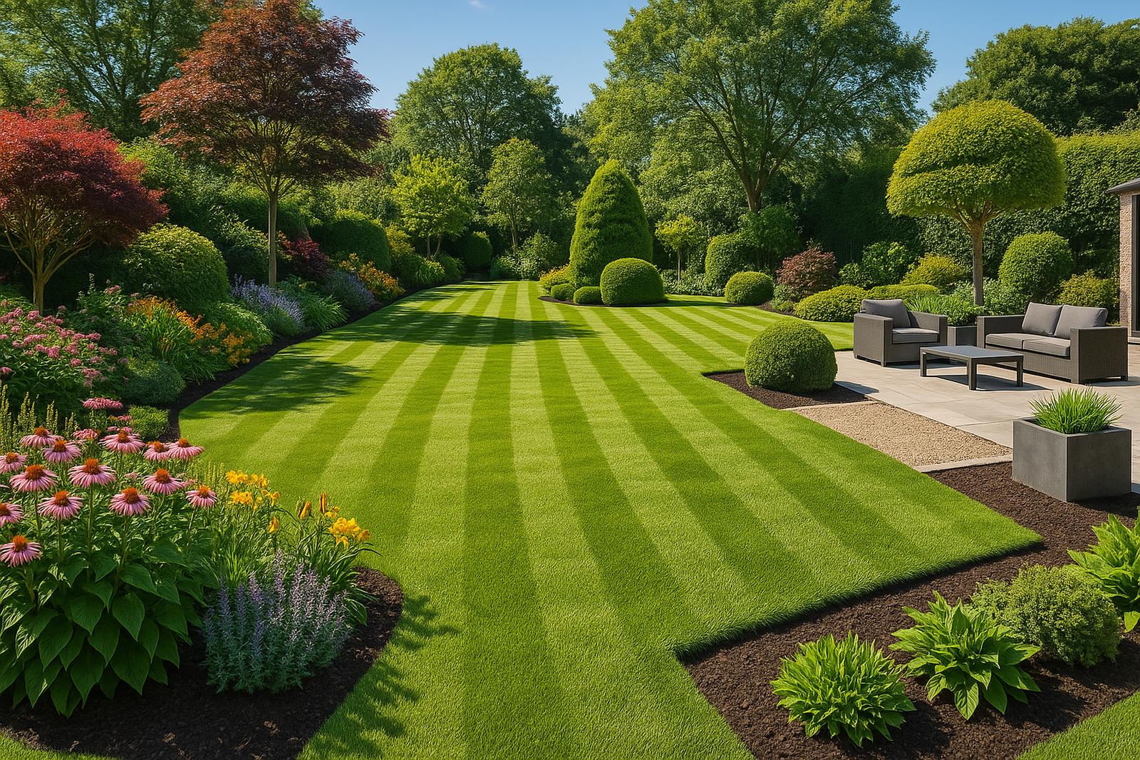 A landscaped backyard features manicured green lawns with striped mowing patterns, flower beds, sculpted shrubs, and an outdoor seating area in Maple Ridge BC.