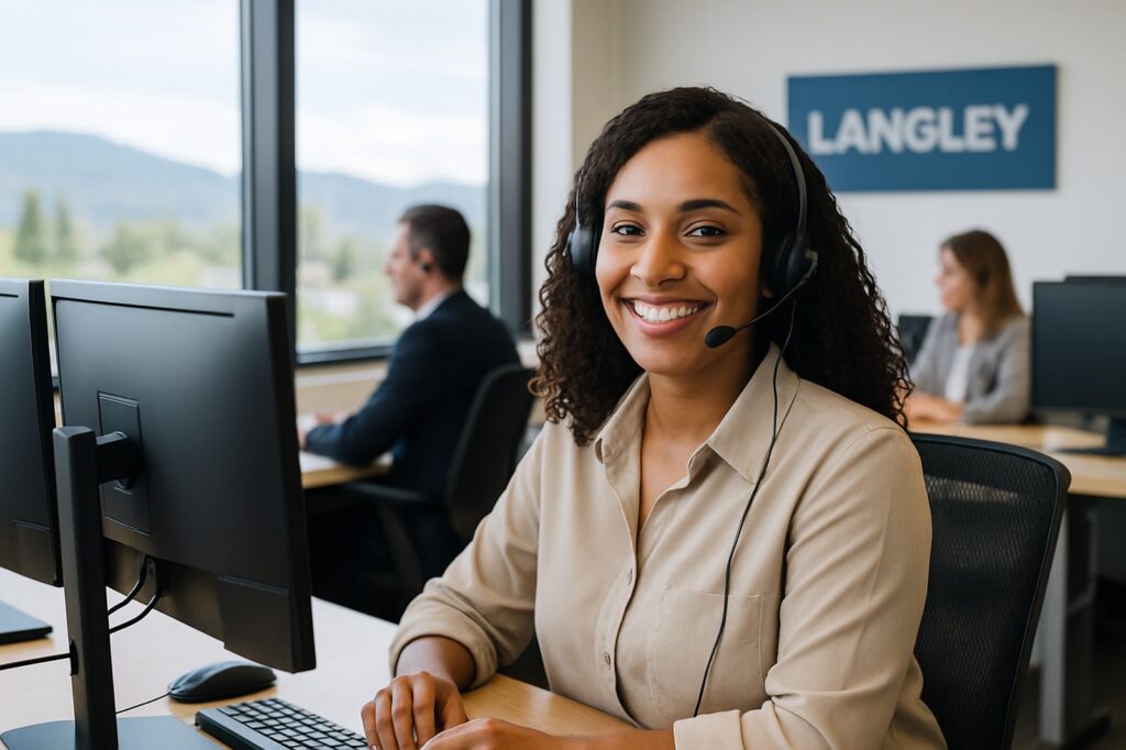call center agent local smiling at work | GPS: 49.200791, -122.439815