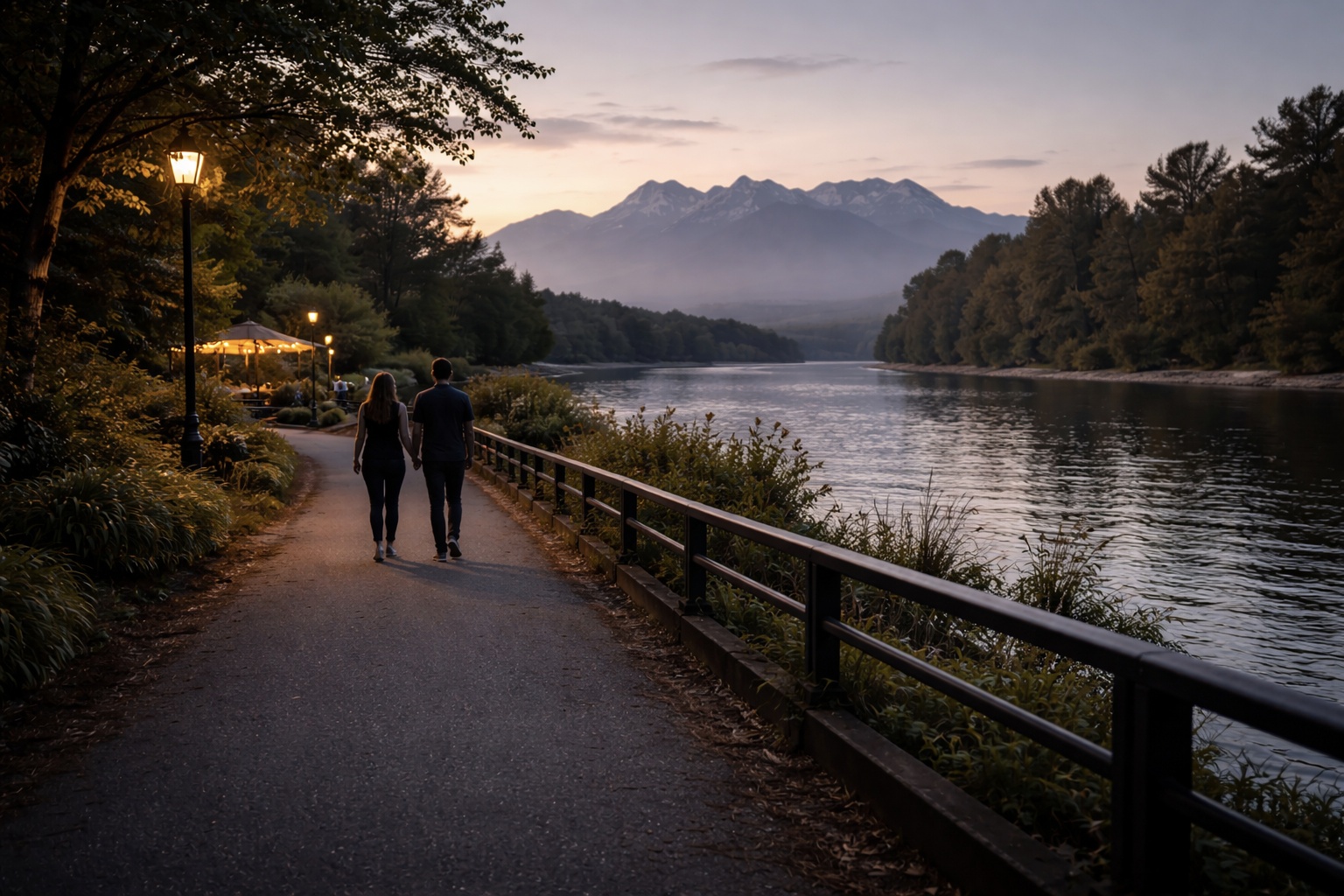 couple walking along river at sunset maple ridge park