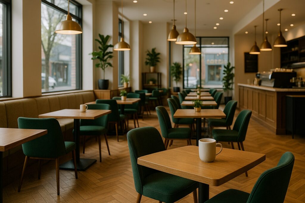 cozy cafe interior with green chairs directory | GPS: 49.151831, -122.514582