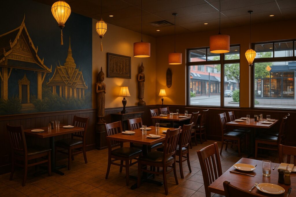 dining area restaurant with buddha figures langleys ambiance | GPS: 49.114603, -122.571432