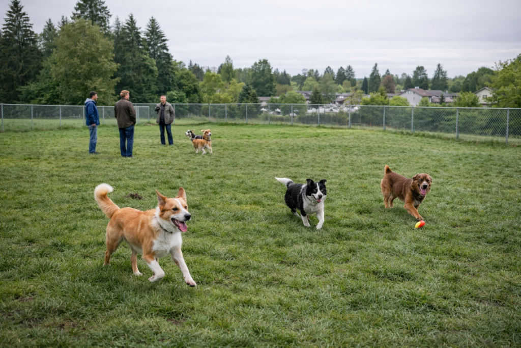 dogs-playing-at-park-in-maple-ridge-with-people-and-trees