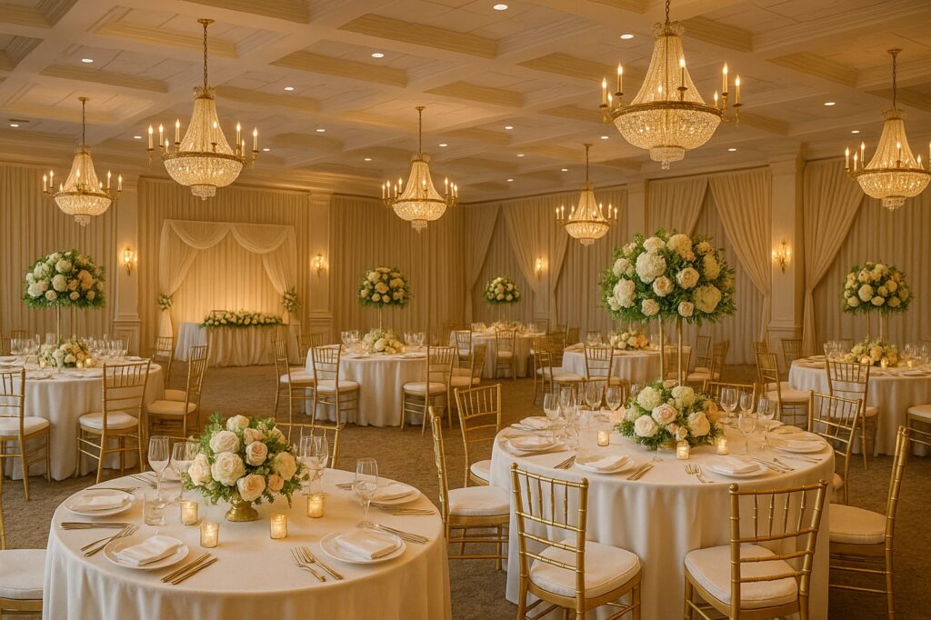 elegant event space local decorated with roses and chandeliers | GPS: 49.207951, -122.428882