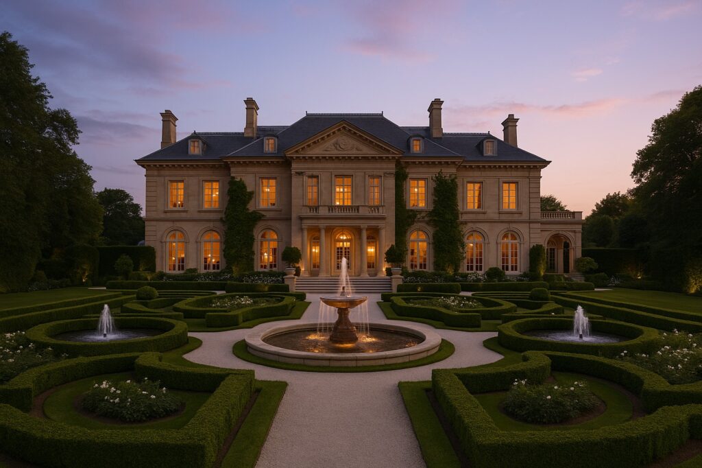 A grand, warmly lit mansion in Maple Ridge BC is viewed at dusk, framed by formal gardens with fountains.