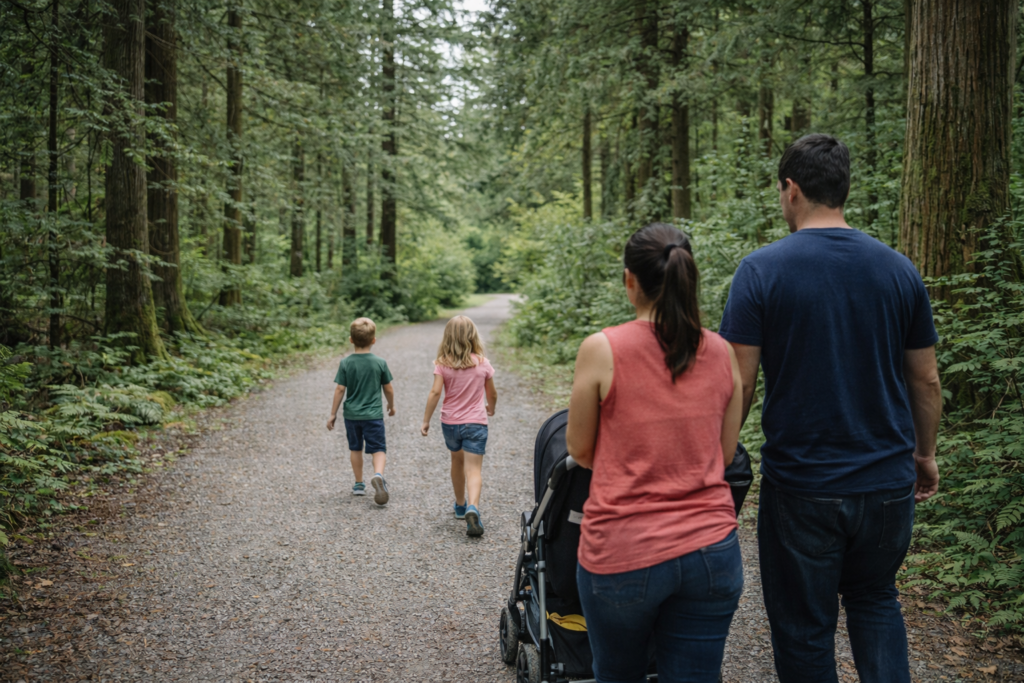 family walking in the forest maple ridge nature trail Parks In Maple Ridge for family outings family-walking-in-the-forest-maple-ridge-nature-trail