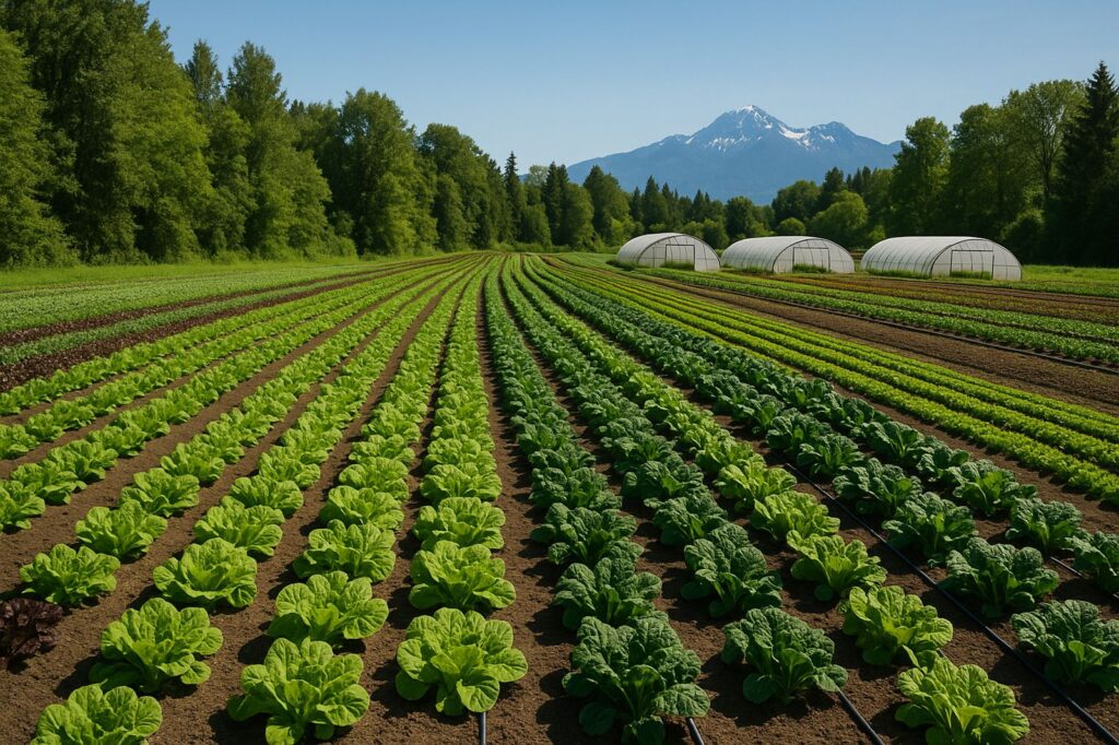 green lettuce fields langley mountains in background | GPS: 49.098769, -122.595612