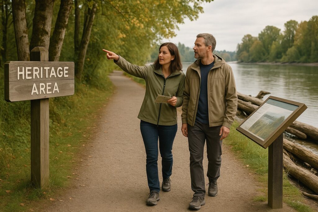 heritage area local hiking couple walking riverbank | GPS: 49.190659, -122.455289