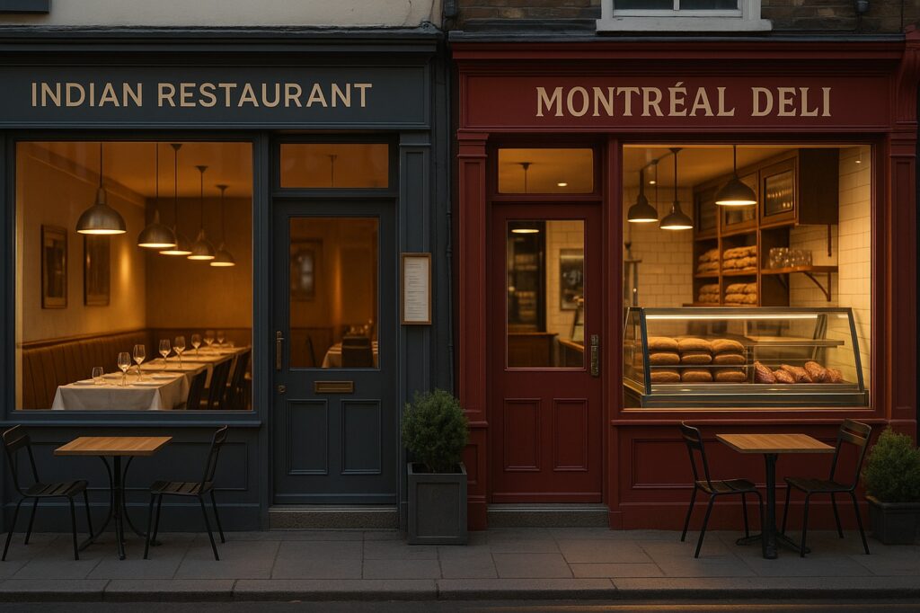 indian restaurant and local montreal deli fronts Maple Ridge: Neighbourhood Food Tour indian restaurant and local montreal deli fronts | GPS: 49.202875, -122.436634