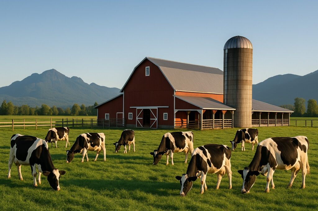 local farm with cows and red barn in landscape | GPS: 49.201257, -122.439104