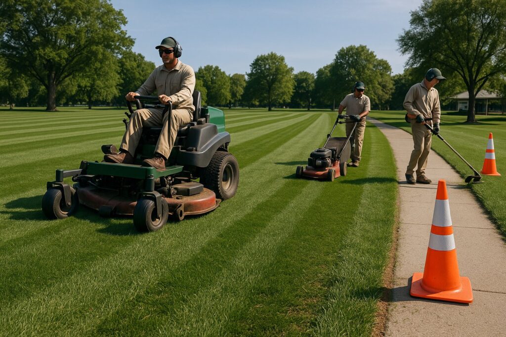 local landscaping workers maintaining grass park Top Maple Ridge BC Home Service Landscapers local landscaping workers maintaining grass park | GPS: 49.104939, -122.586190