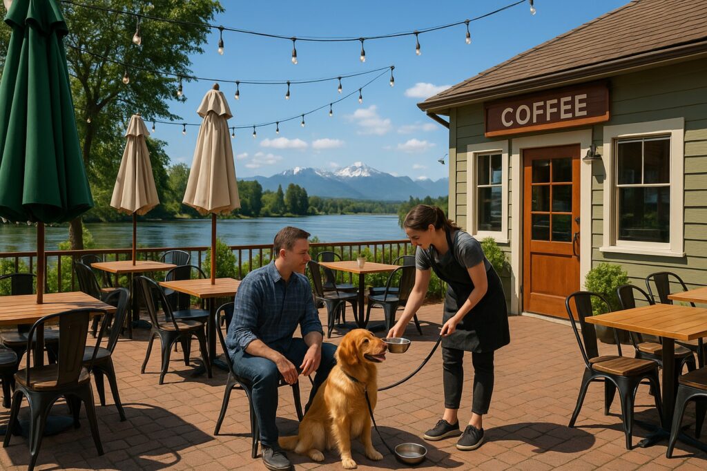 outdoor coffee shop man dog directory | GPS: 49.101121, -122.594666