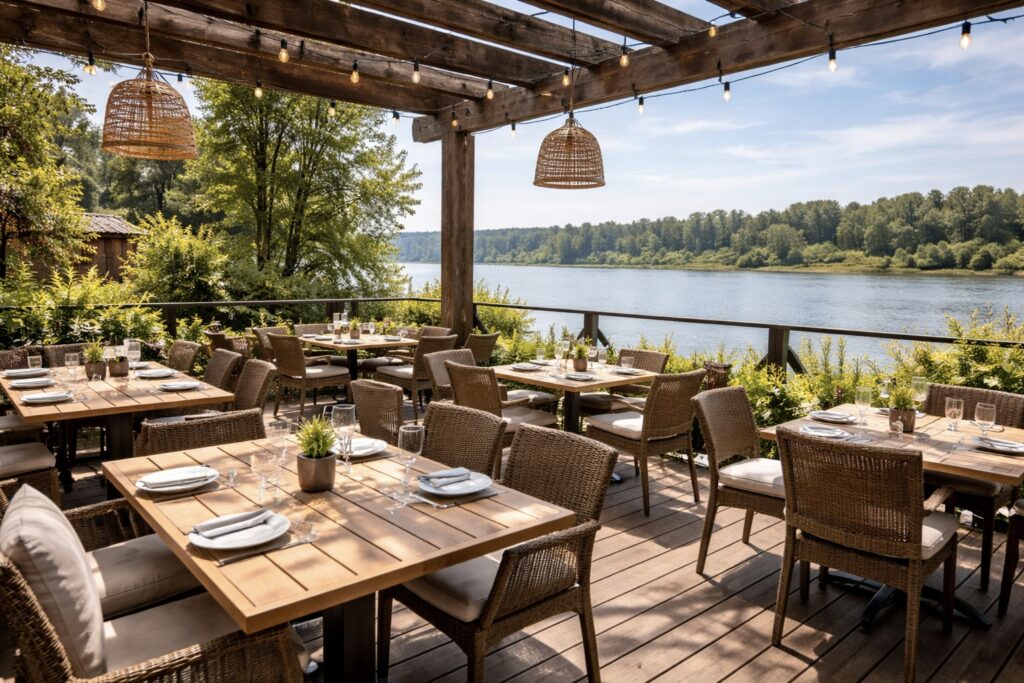 outdoor dining area at maple ridge restaurant by river Maple Ridge Date Night Ideas outdoor dining area at maple ridge restaurant by river