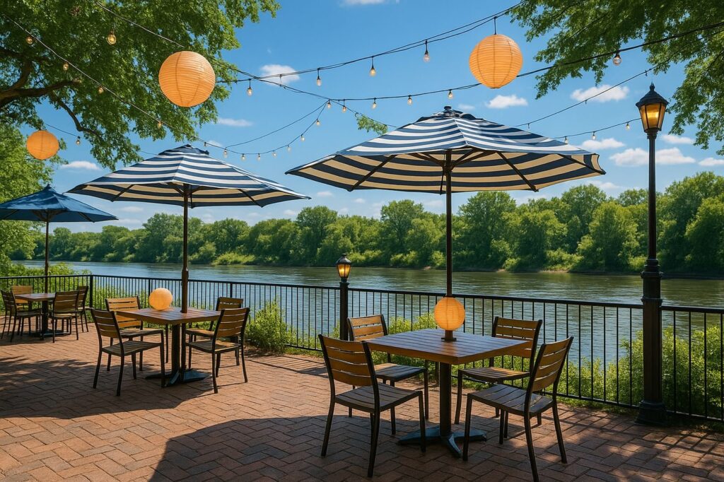 outdoor dining area local with river view and lanterns | GPS: 49.142286, -122.531803