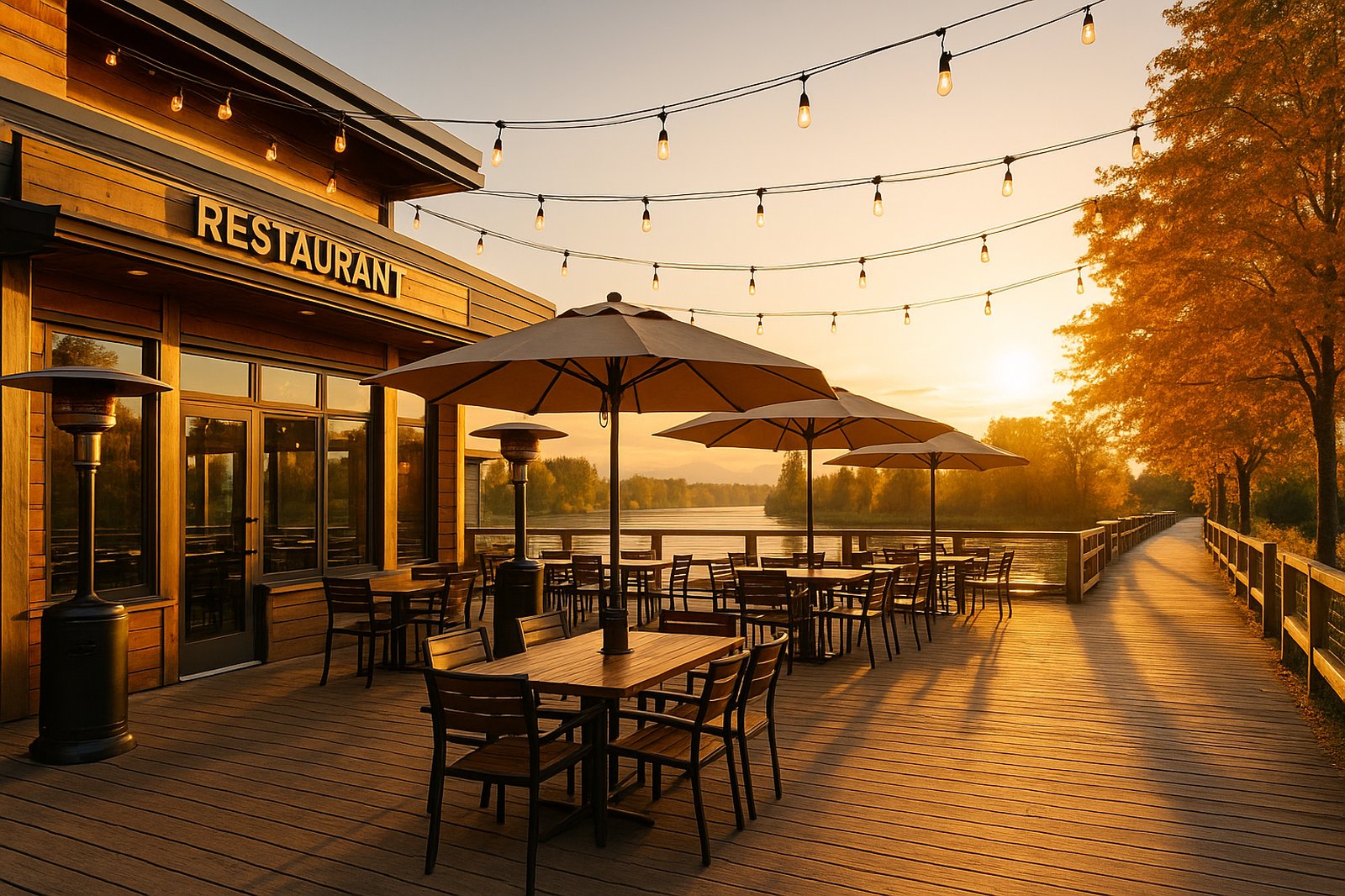 Outdoor restaurant patio in Maple Ridge BC at sunset, with tables, umbrellas, patio heaters, and string lights.