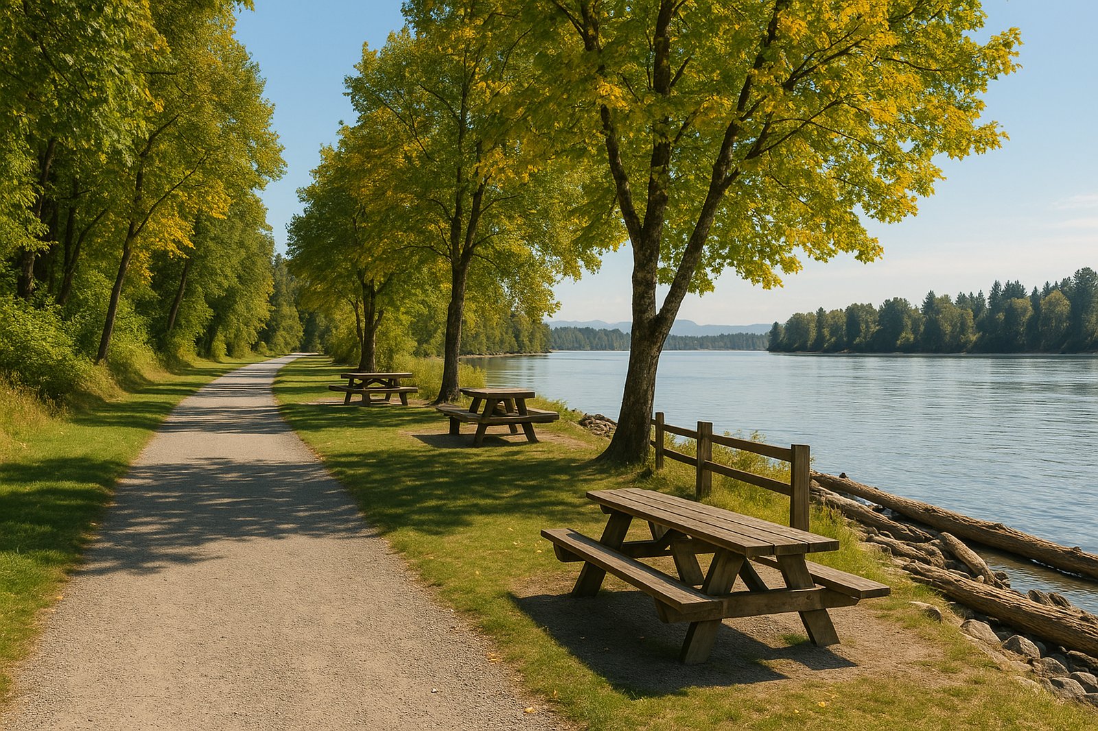 park path with trees and river directory | GPS: 49.102037, -122.590621