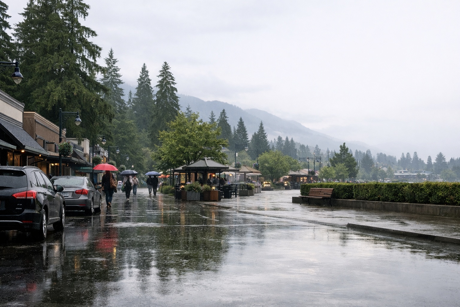 rainy day in maple ridge with trees and people walking