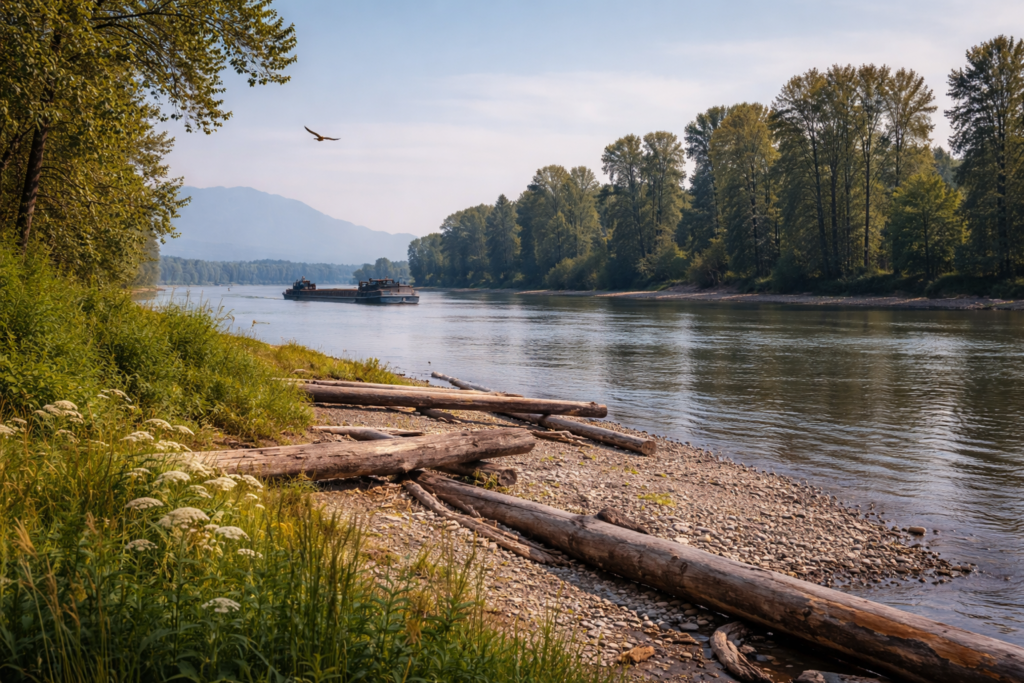 riverbank-logs-trees-sky-reflection-directory