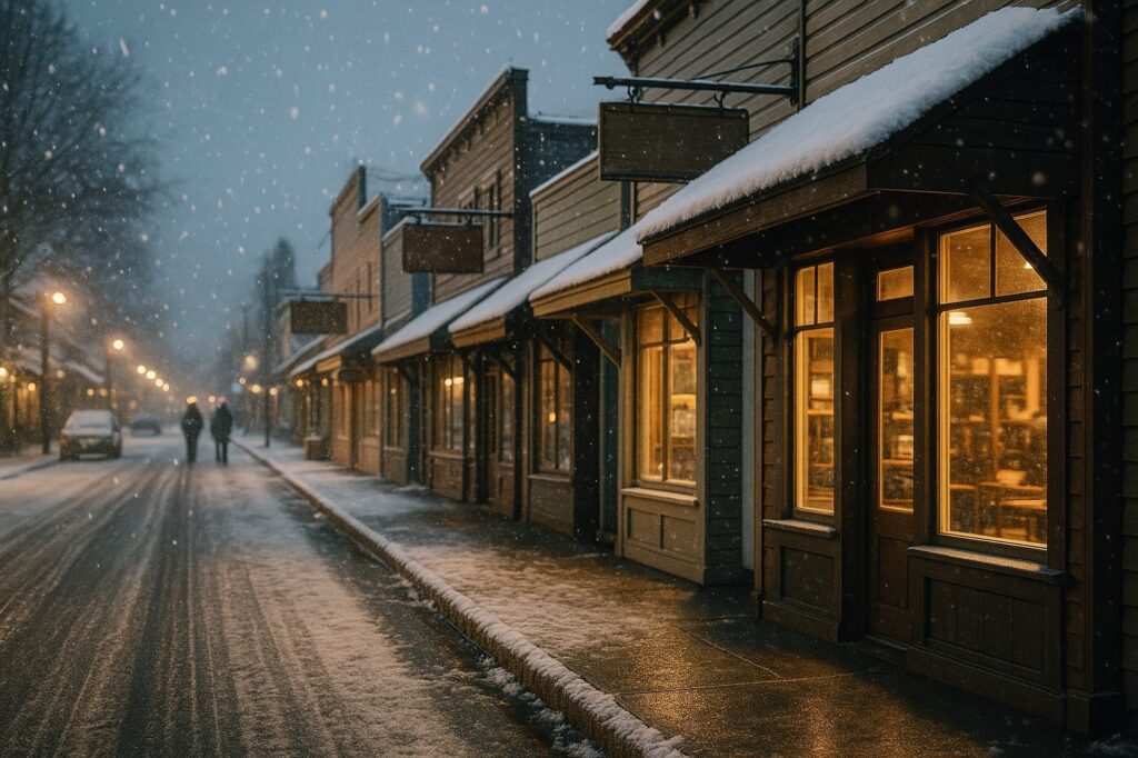 snowy street with lights in langleys winter evening | GPS: 49.183902, -122.465606