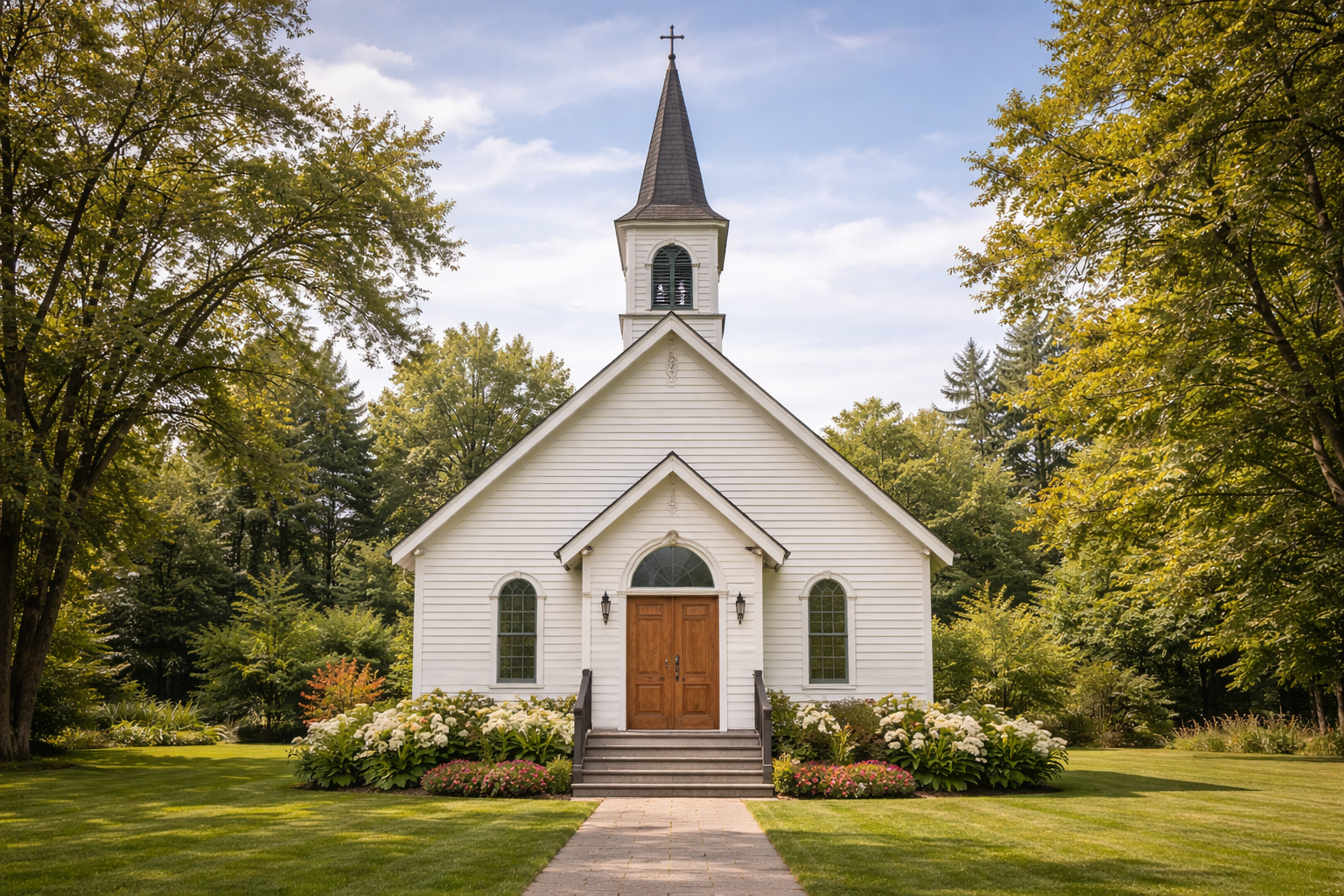 white-church-with-steeple-surrounded-by-trees-directory