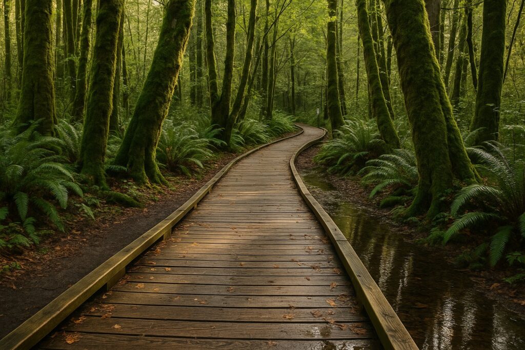 wooden boardwalk in lush green forest langley | GPS: 49.149555, -122.518058