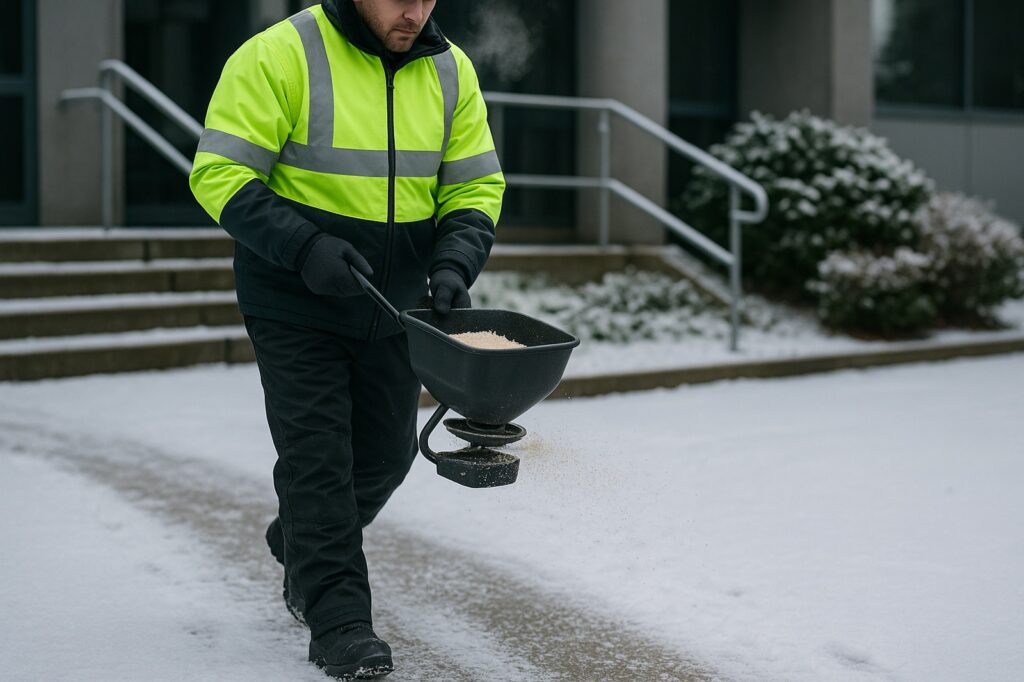 worker spreading salt in snow langleys premises Top Maple Ridge BC Home Service Landscapers worker spreading salt in snow langleys premises | GPS: 49.178980, -122.473123