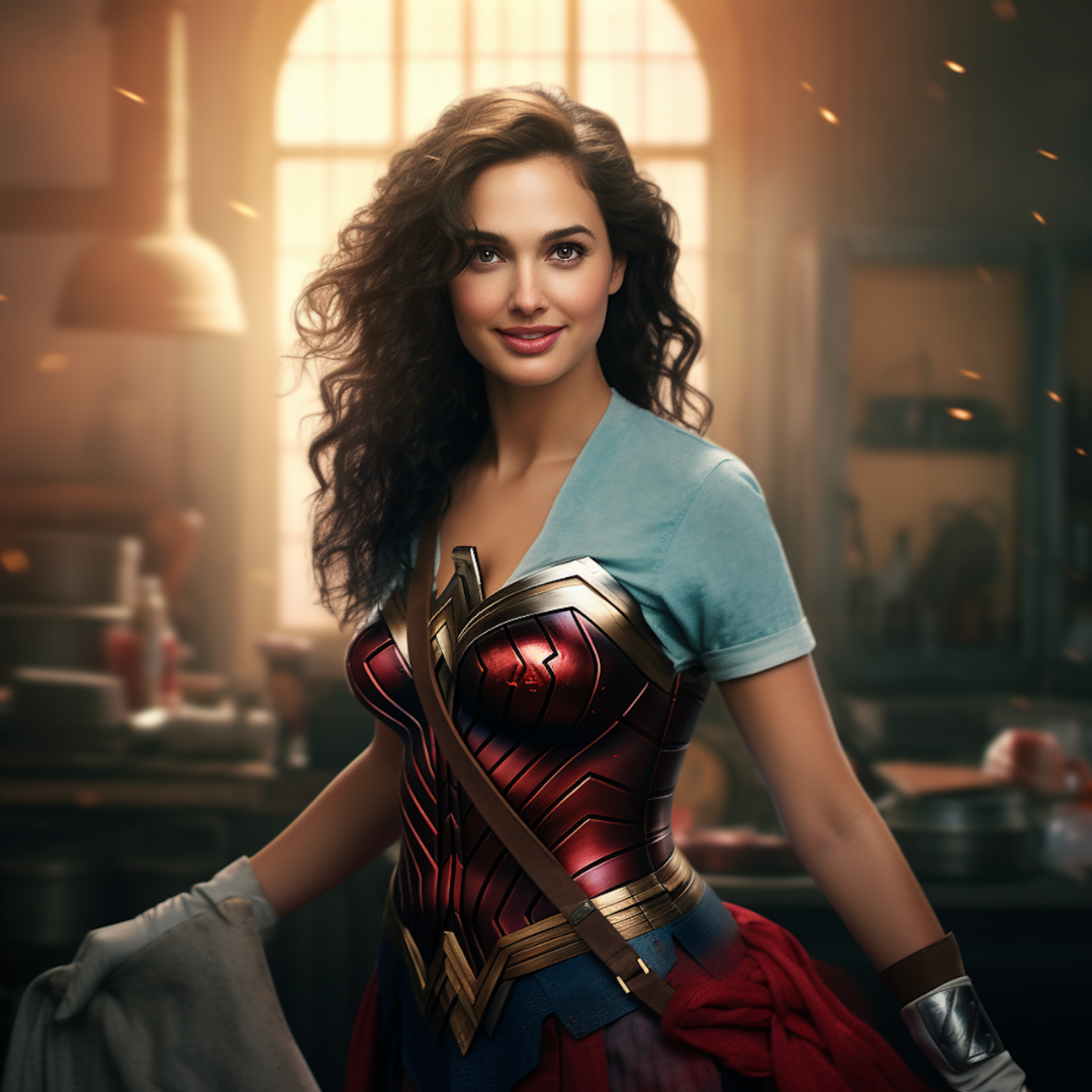 Wonder Woman in what appears to be Maple Ridge BC, shown wearing her classic armor with a blue tee shirt and gloves.