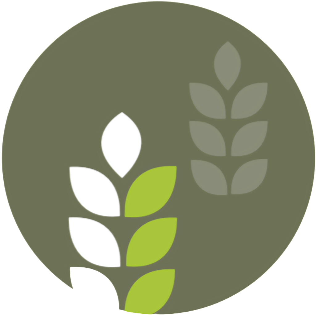 Logo featuring stylized wheat stalks in white, light green and grey, within an olive drab circle, referencing the agricultural landscape of Maple Ridge, BC.