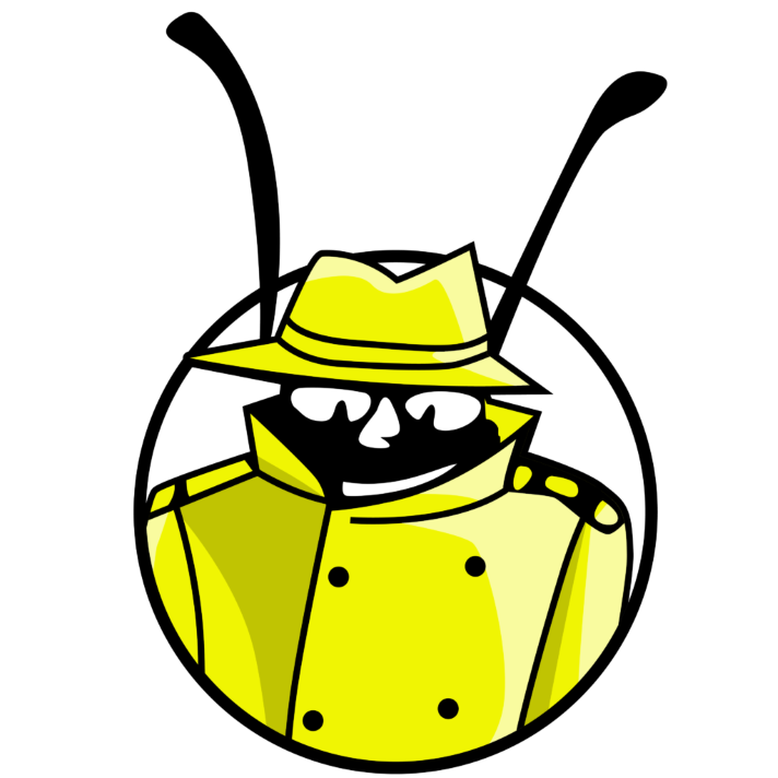 A cartoon figure wearing a yellow trench coat and hat, possibly in Maple Ridge BC, set against a black background with a white circle behind.